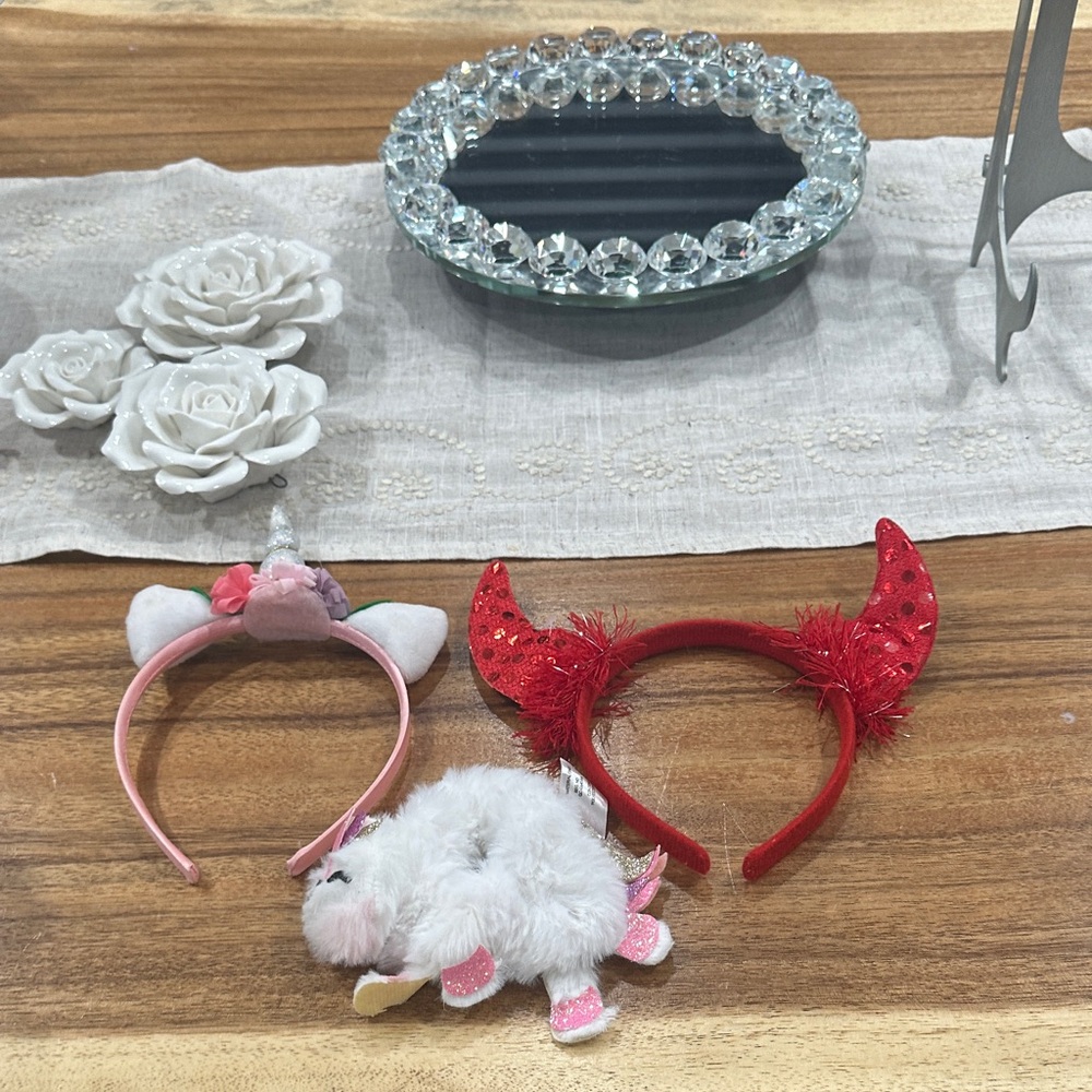 Claire's unicorn hair tie and head band, cute devil sparkles horns
